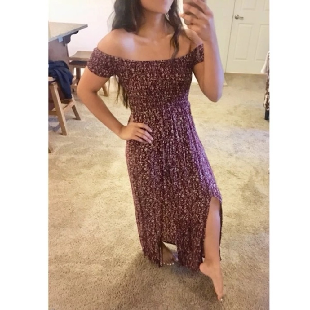 Burgundy off the shoulder floral maxi dress